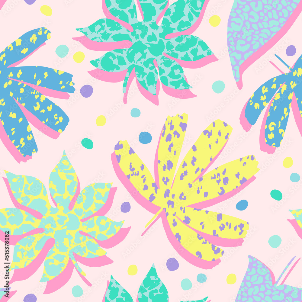 Abstract repeating tropical leaves background. Bold cartoon leaves with animal print seamless pattern