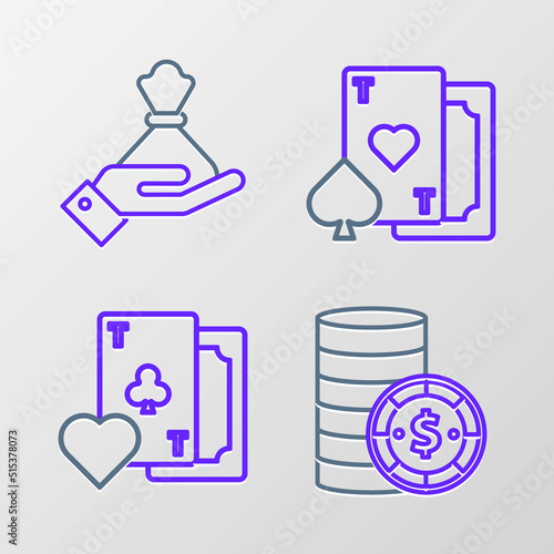 Set line Casino chip with dollar, Playing card clubs symbol, heart and Hand holding money bag icon. Vector