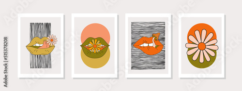 Psychedelic background set lips with flowers in 70s 80s retro hippie style