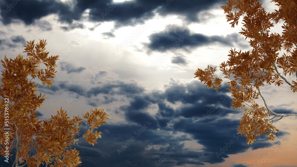 Orange yellow and red fall leaves, tree branch over sunrise sky with clouds background Orange yellow and red fall leaves, tree branch over sunrise sky with clouds background