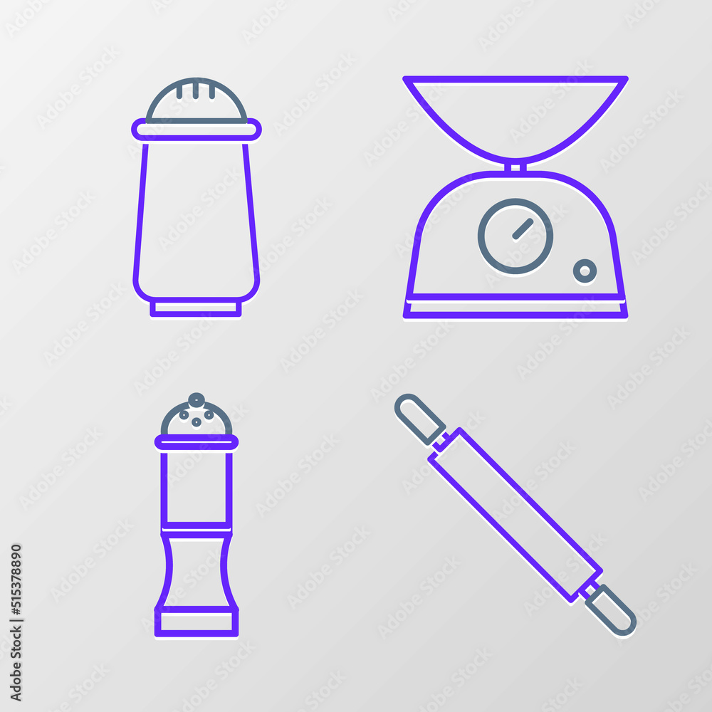 Set line Rolling pin, Pepper, Scales and Salt and pepper icon. Vector Set line Rolling pin, Pepper, Scales and Salt and pepper icon. Vector