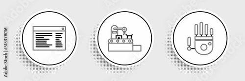 Set line Mechanical robot hand  Software  web developer programming code and Factory conveyor system belt icon. Vector