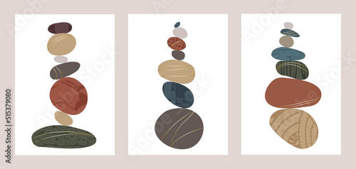 Balance pebble stone harmony vector Illustration. Simplicity calm and zen of cairn rock shape. Modern abstract wall decor, poster set, wellness background. Spa balance harmony therapy zen wallpaper