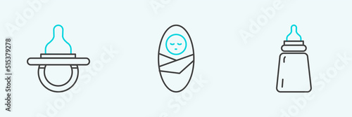 Set line Baby bottle, dummy pacifier and Newborn baby infant swaddled icon. Vector