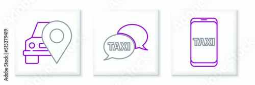 Set line Taxi call telephone service, Map pointer with taxi and icon. Vector