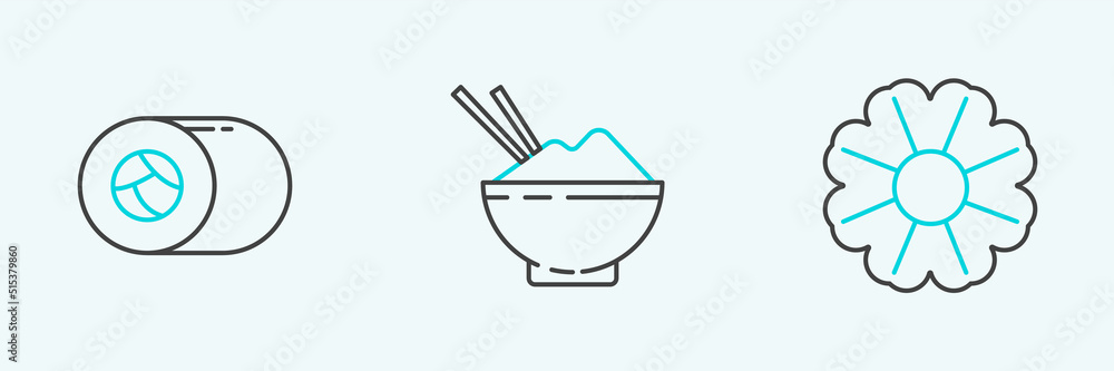 Set line Flower, Sushi and Rice in a bowl with chopstick icon. Vector Set line Flower, Sushi and Rice in a bowl with chopstick icon. Vector