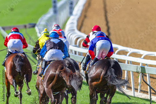 Valokuvatapetti Horse Racing  Jockeys Horses Final Straight Rear Behind Photo Action