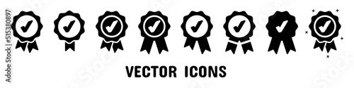 Approval Check Icon, Quality Sign, Certified Medal Symbol Set - Different Vector Illustrations Isolated On White Background