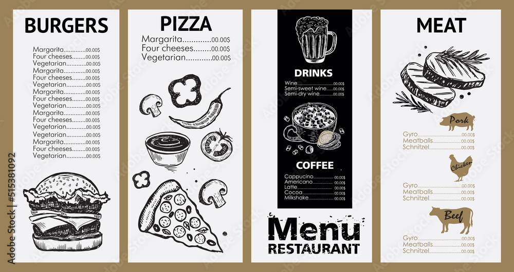 Menu template design for restaurant, sketch illustration. Vector.	