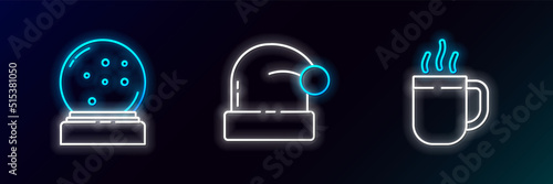 Set line Coffee cup, Christmas snow globe with fallen snow and Santa Claus hat icon. Glowing neon. Vector