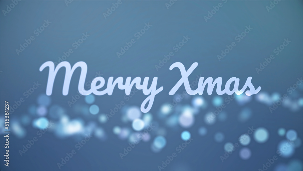 Merry christmass inscription made of neon letters on blue background with many fuzzy, round lights, celebration and winter holidays concept. Merry Christmass phrase with flying sparkles.