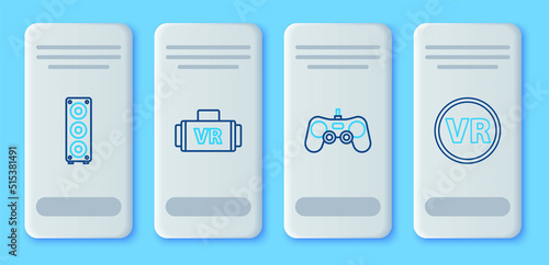 Set line Virtual reality glasses, Gamepad, Stereo speaker and icon. Vector