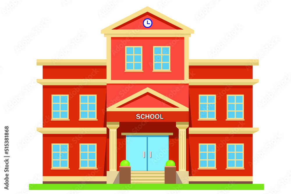 School with a green lawn. Icon.Flat vector illustration isolated on white background.High school building icon, outline vector sign, linear style pictogram isolated on white. Symbol, logo illustration School with a green lawn. Icon.Flat vector illustration isolated on white background.High school building icon, outline vector sign, linear style pictogram isolated on white. Symbol, logo illustration