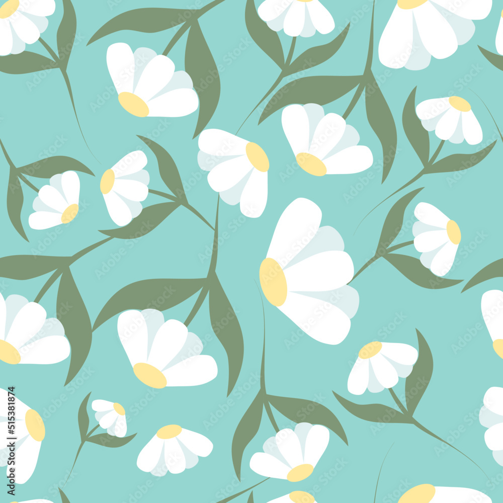 Chamomile flowers. Beautiful seamless pattern of chamomile. Suitable as a print for bed linen, shoppers, T-shirts, wrapping paper. Floral pattern. Vector illustration.