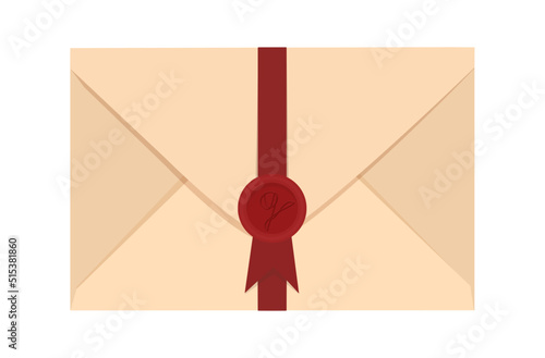 Letter envelope. A beautiful envelope with a red ribbon and a wax seal. Wax stamp. Vector illustration.