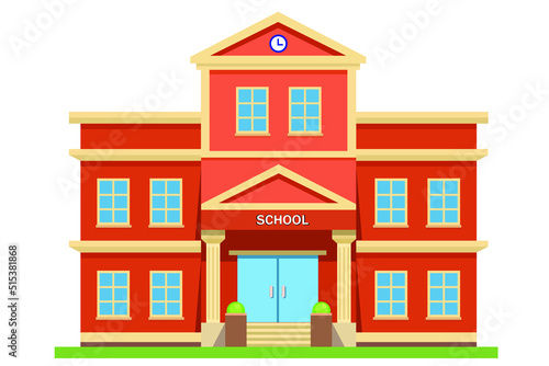School with a green lawn. Icon.Flat vector illustration isolated on white background.High school building icon, outline vector sign, linear style pictogram isolated on white. Symbol, logo illustration © RSLN