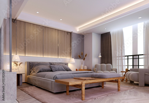 3d rendering 3d illustration  Interior Scene and  Mockup bedroom interior 3d render headboard decorated with wood.