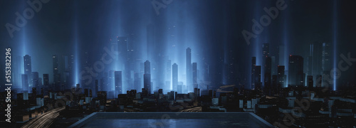 3D Rendering of building deck rooftop in mega cyberpunk style city surrounding with many skyscraper towers and lights from highway. Night scene. For business technology product background, wallpaper