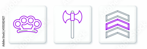 Set line Military rank, Brass knuckles and Medieval axe icon. Vector