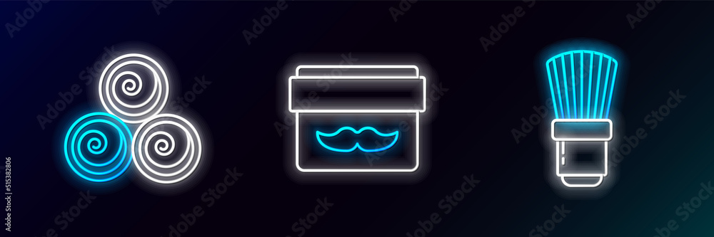 Set line Shaving brush, Towel rolls and Cream or lotion cosmetic jar icon. Glowing neon. Vector Set line Shaving brush, Towel rolls and Cream or lotion cosmetic jar icon. Glowing neon. Vector