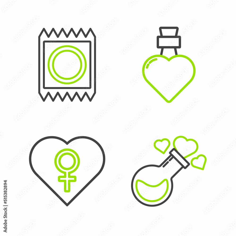 Set line Bottle with love potion, Heart female gender, and Condom in package icon. Vector