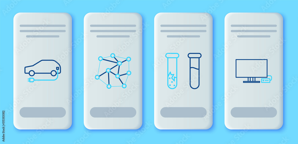 Set line Neural network, Test tube and flask, Electric car and Smart Tv icon. Vector