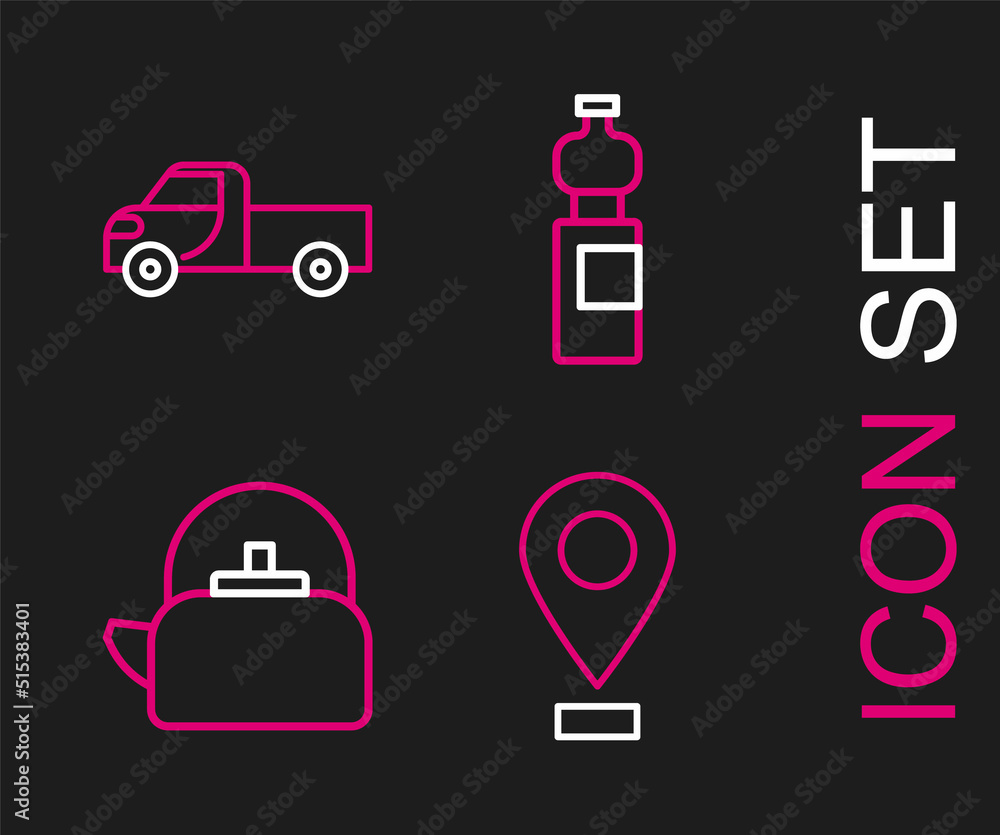 Set line Location, Kettle with handle, Bottle of water and Pickup truck icon. Vector Set line Location, Kettle with handle, Bottle of water and Pickup truck icon. Vector