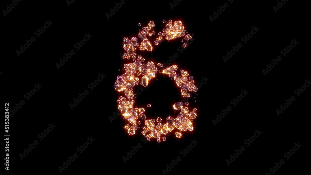 number 6 with strong goldish shine - luxury gems alphabet, isolated - object 3D illustration