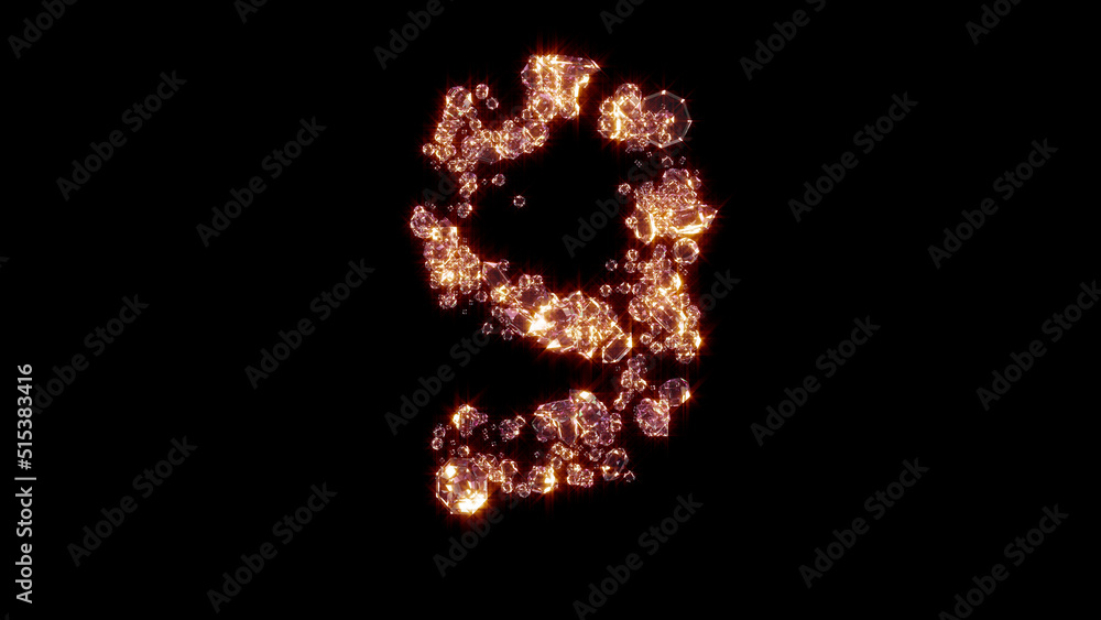 number 9 with strong golden shine - glamour gems font, isolated - object 3D rendering