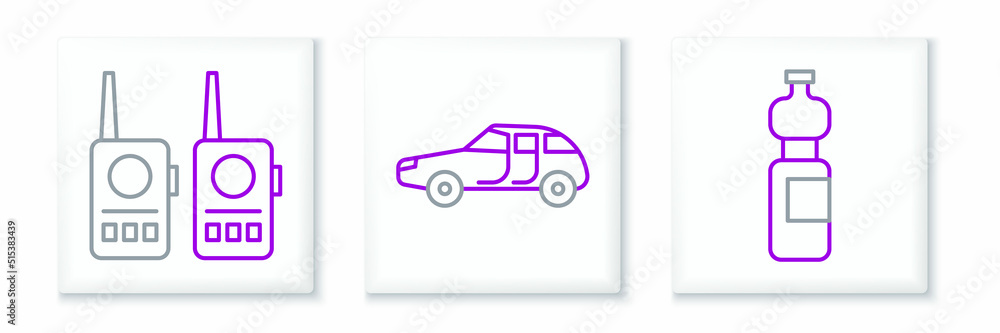 Set line Bottle of water, Walkie talkie and Car icon. Vector Set line Bottle of water, Walkie talkie and Car icon. Vector