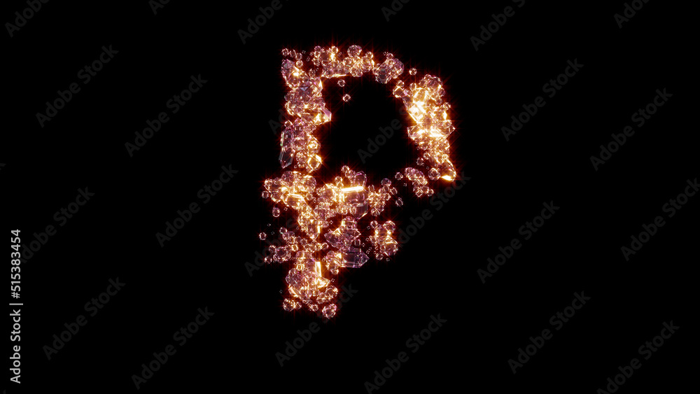 rouble sign with strong goldish shine - fashion gems alphabet, isolated - object 3D rendering