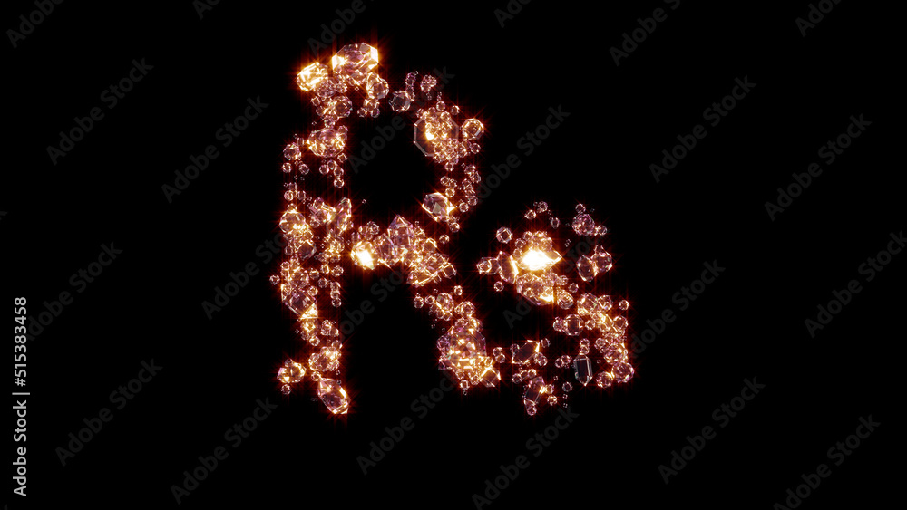 rupee symbol with strong gold shine - glamorous gems alphabet, isolated - object 3D rendering