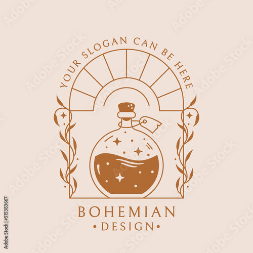 Potion boho logo. Trendy emblem for botanical healing, aromatherapy, essential oils, medicinal herbs, homeopathy, natural beauty product, etc. Vector isolated badge with magic elixir bottle and plants