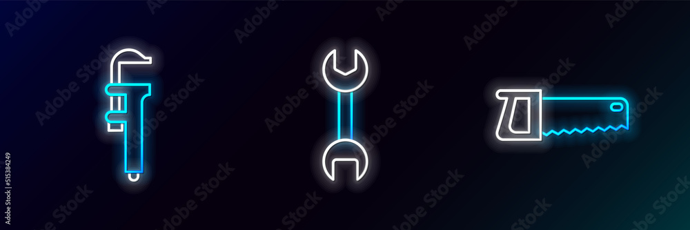 Set line Hand saw, Calliper or caliper scale and Wrench spanner icon. Glowing neon. Vector Set line Hand saw, Calliper or caliper scale and Wrench spanner icon. Glowing neon. Vector