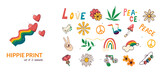 Set of hippie culture elements, peace, love, dove, rainbow, flowers. Vector illustration in cartoon doodle style isolated on white background.
