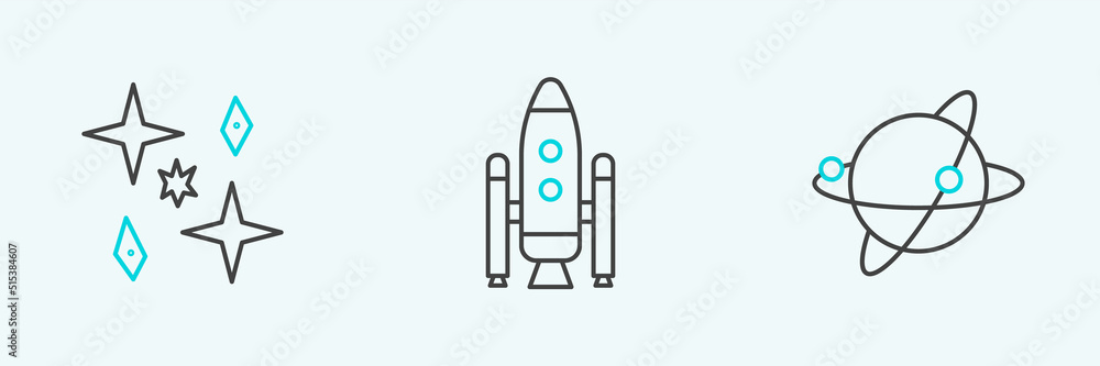 Set line Satellites orbiting the planet Earth, Planet and Space shuttle and rockets icon. Vector Set line Satellites orbiting the planet Earth, Planet and Space shuttle and rockets icon. Vector