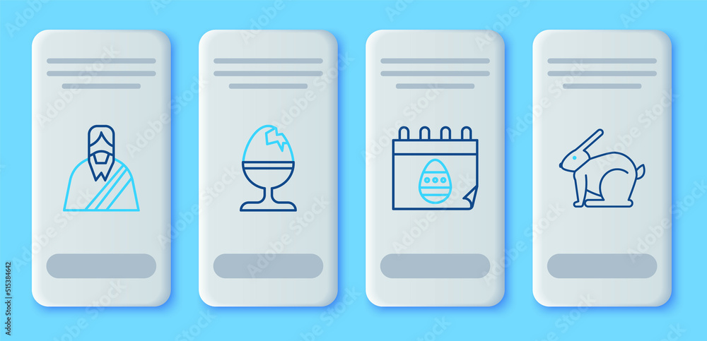 Set line Chicken egg on a stand, Calendar with Easter, Jesus Christ and rabbit icon. Vector