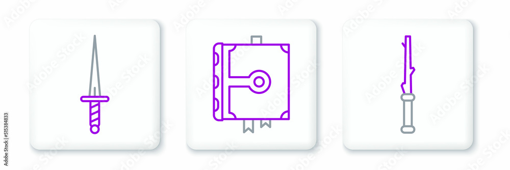 Set line Magic wand, Dagger and Ancient magic book icon. Vector Set line Magic wand, Dagger and Ancient magic book icon. Vector