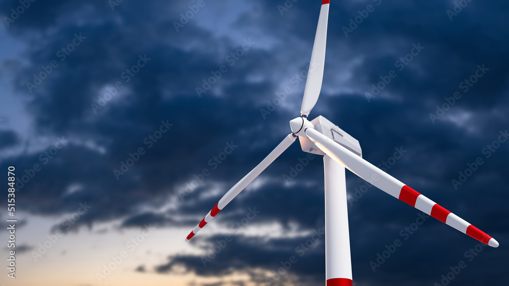 Wind generators. Fragment windmills. Generation electricity from wind. Evening sky with windmills. Farm with turbines power plants. Environmentally friendly wind power plant. Art focus. 3d image.