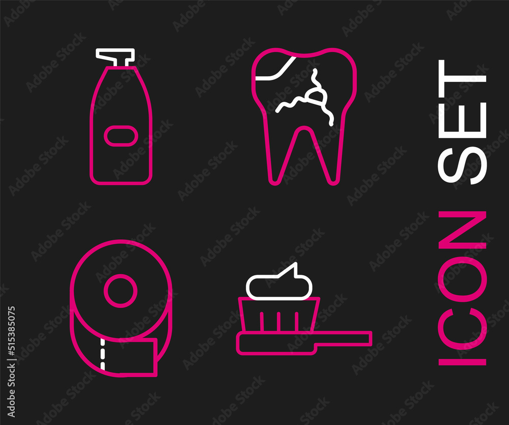 Set line Toothbrush with toothpaste, Toilet paper roll, Broken and Bottle of liquid antibacterial soap icon. Vector Set line Toothbrush with toothpaste, Toilet paper roll, Broken and Bottle of liquid antibacterial soap icon. Vector