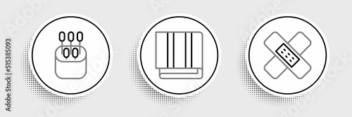Set line Crossed bandage plaster, Cotton swab for ears and Towel stack icon. Vector