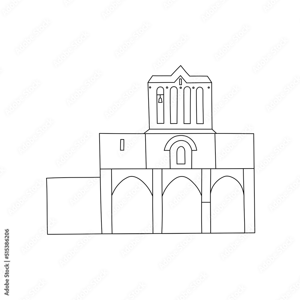 Vector line hand drawn illustration with Bellapais Monastery. Kyrenia, North Cyprus. Stone Greek Arhitecture