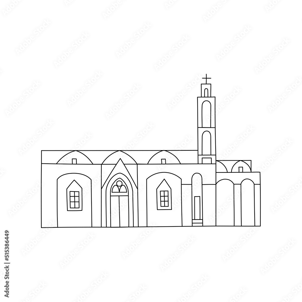 Vector line hand drawn illustration with Church of Saint Thyrsos. Famagusta, Northern Cyprus. Stone Orthodox Christian Greek Arhitecture