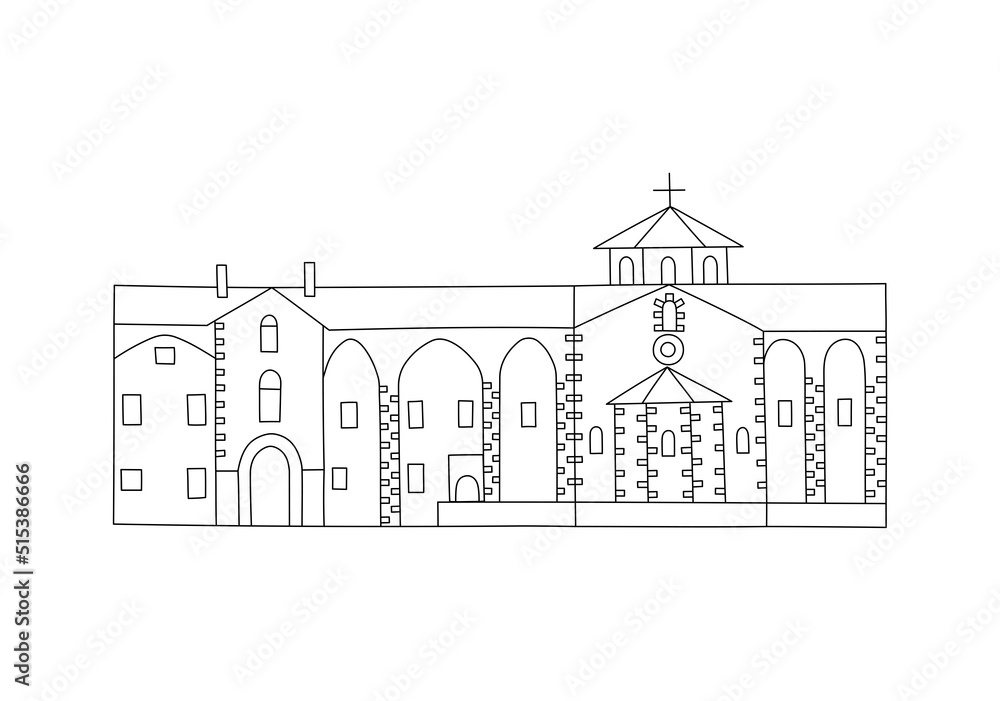 Vector line hand drawn illustration with Kykkos Monastery. The Holy Monastery of the Virgin of Kykkos. Troodos, Cyprus. Orthodox Christian Greek Arhitecture