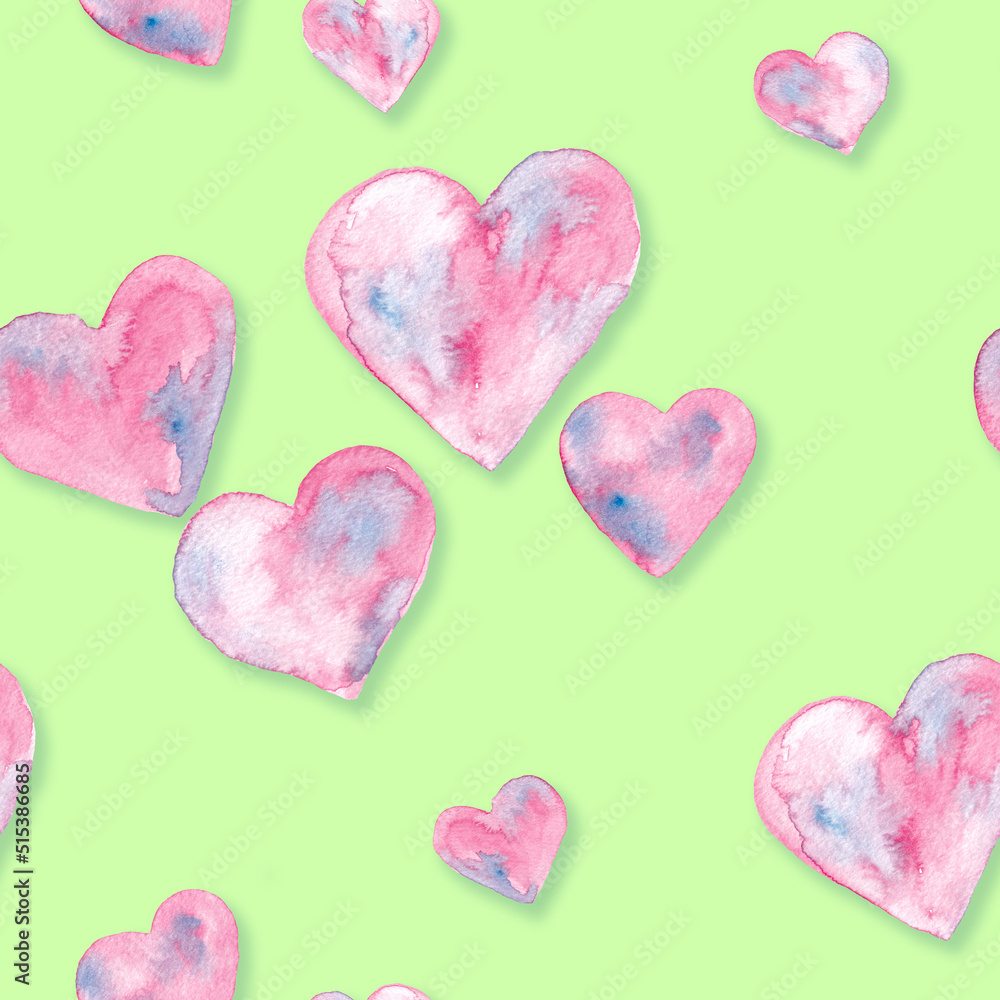 Pink with blue hearts watercolor painting - seamless pattern on vibrant neon green background Pink with blue hearts watercolor painting - seamless pattern on vibrant neon green background