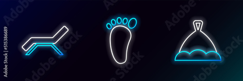 Set line Sauna hat, Sunbed and umbrella and Foot massage icon. Glowing neon. Vector