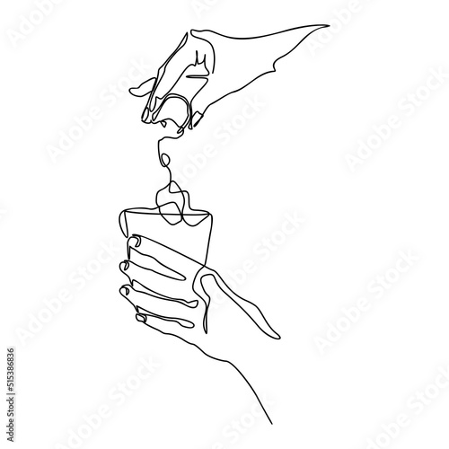 Hand Squeezing a lemon in glass, whiskey cocktail one line drawing, continuous modern illustration
