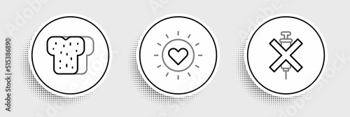 Set line No doping syringe, Bread toast and Sun icon. Vector