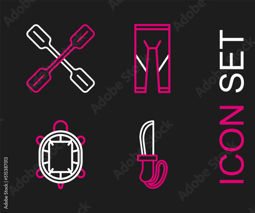 Set line Knife  Turtle  Wetsuit and Paddle icon. Vector