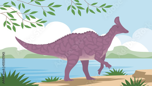 Big hadrosaurus. Bathes in water. Ancient lizard. Herbivorous dinosaur of the Jurassic period. Vector cartoon illustration. Prehistoric nature. Wild landscape with a lake